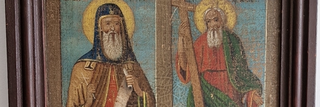 Icoana veche pictata pe pânză dimensiuni 50x40 pret 1200 lei înfățișează 4 sfinti